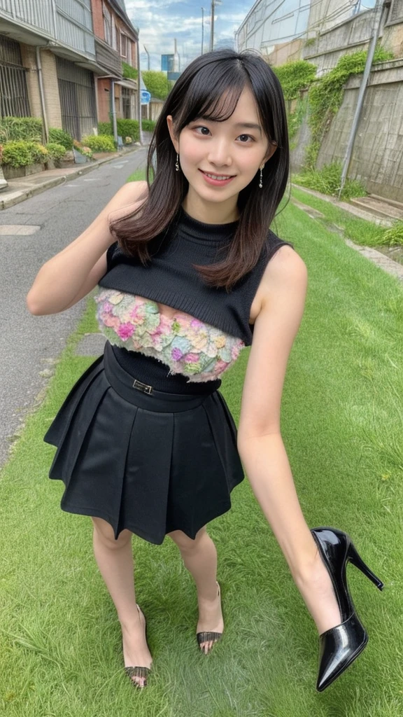 High resolution、high quality、High resolution、masterpiece、detailed、Cute Japanese Girl、Young people, Looking into the camera、Embarrassed smile、、Plump body、(Very large breasts:1.2)、(Roll up your knitted sleeveless top:1.3)、(naked:1.3)(Wear a tight black skirt:1.3)、Wearing flashy bra and panties、(She strikes her favorite pose:1.3)、、(Wearing high heels:1.3)、(Late Night、dark、very old, narrow, Dirty and rundown alley:1.3)、(Beautiful flowers and grass grow:1.3)