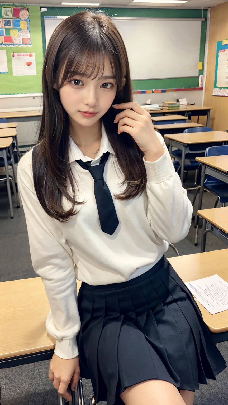 ((masterpiece, Highest quality)),Best aesthetics,One girl, , machine, Sitting, school machine, Brown Hair, classroom, Long Hair, indoor, Chair, View your viewers, :p, Focus Only, Brown eyes, skirt, Long sleeve, pencil, 1 boy, pencil case, paper, Seraph of the Black, Multiple Girls, pleated skirt, Sailor collar, bangs, Headrest, school bag, school Chair