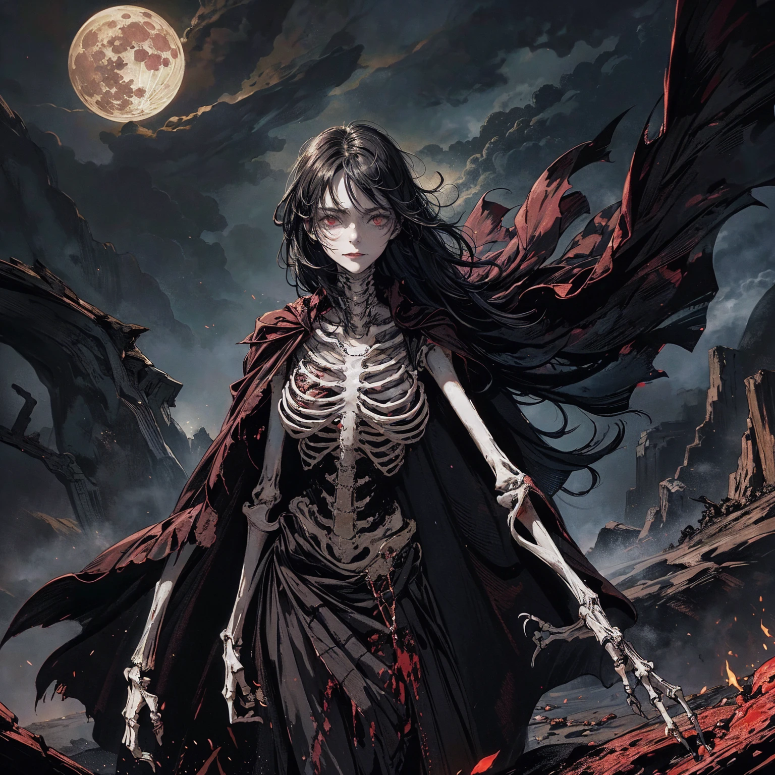 best quality, 4K, high resolution, masterpiece:1.2, Very detailed, actual:1.37, Mood lighting, An undead girl in a long cape, Whole body including two hands & two arms & two legs & two feet are all skeleton bones but except the head is still beautiful human face, Do not draw more than two arms, Wearing a ragged gothic skirt, Aloofness emotion, Dangerous sneer, Beautiful but cruel smile, Black Hair, Standing, Facing the camera, Crucified, Pitch black sky, Blood-red moon, strange atmosphere, Gothic style, Unforgettable beauty, Dramatic shadows, Ethereal Light, Mysterious atmosphere.