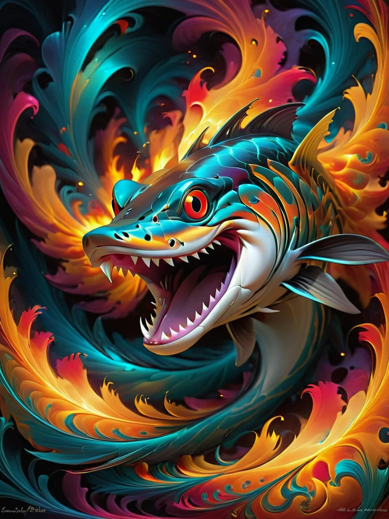 abstract fractal art, (smiling:0.6) Barracuda, fire, 