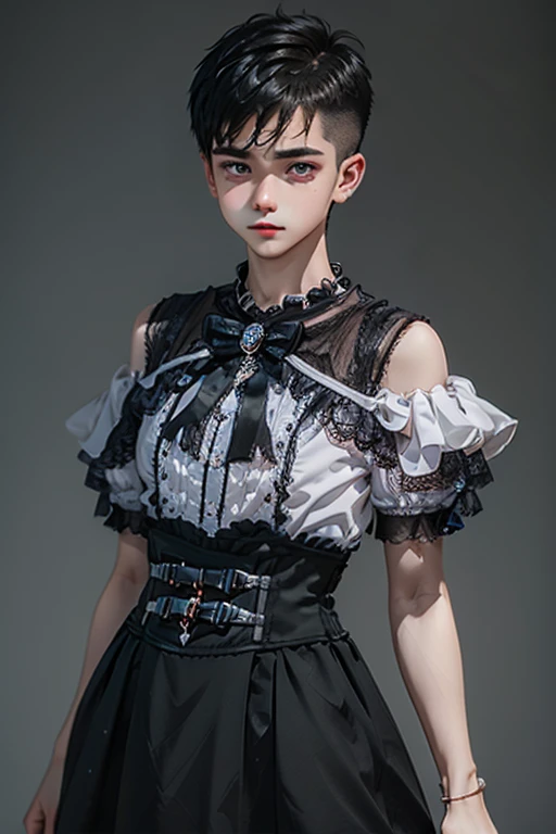 Young man wearing dress , very small spikey boyish haircut