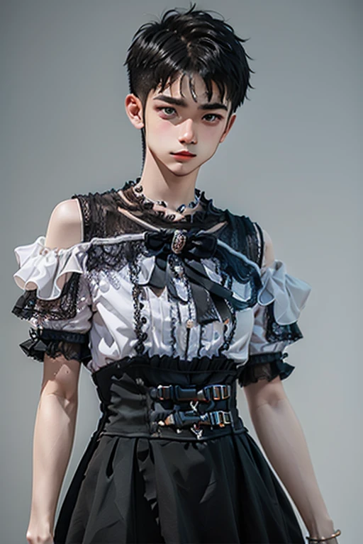 Young man wearing dress , very small ?????? boyish haircut
