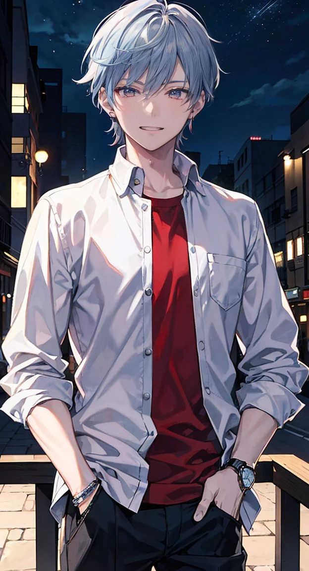 High resolution, High resolution,2D Anime Style,,Cool guy,Mature,,30th Generation,short hair,Silver-blue hair,Red eyes,Beautiful Watches,Beautiful earrings,,Cool Fashion,He is laughing a little,night,walk,Put your hands in your pockets,