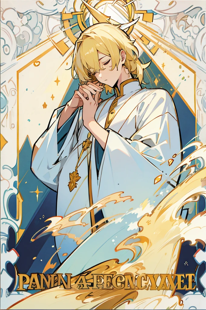 Blond handsome man is praying，Highest quality，fine，Holy Spirit，Radiance，in the sun