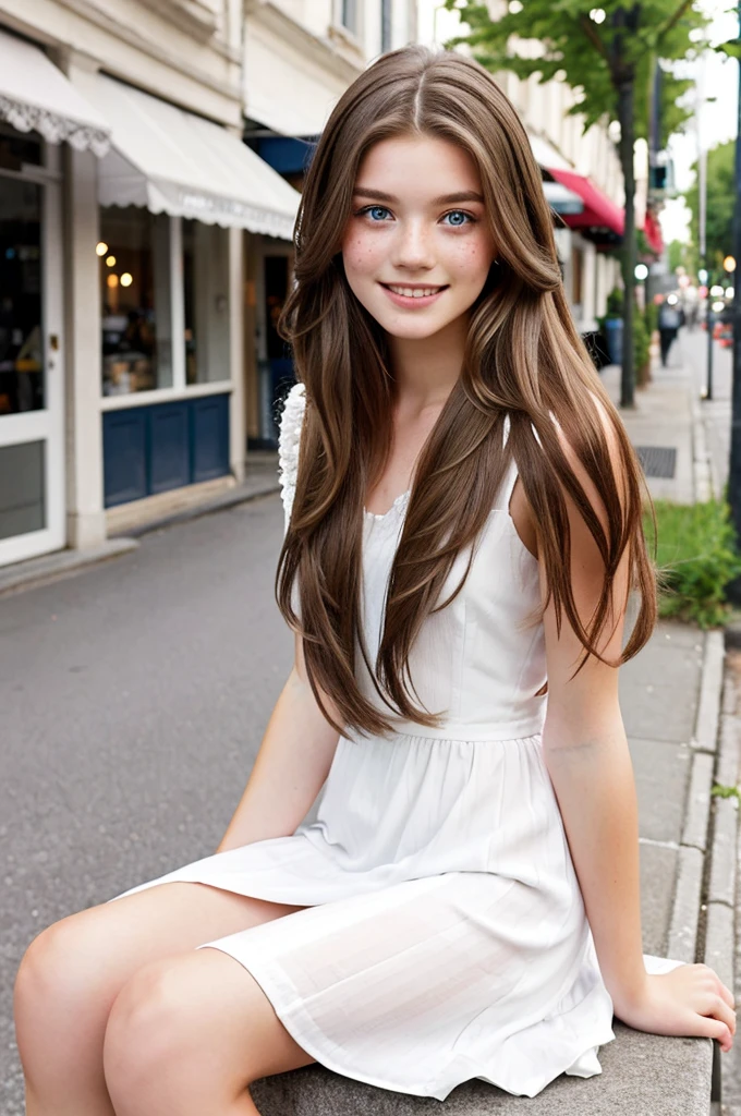 A very pretty brunette 22 years old, long hairstyle, freckles, beautiful eyes, great smile, white dress, sitting in street cafe, length of field, professional photography, hasselblad quailty