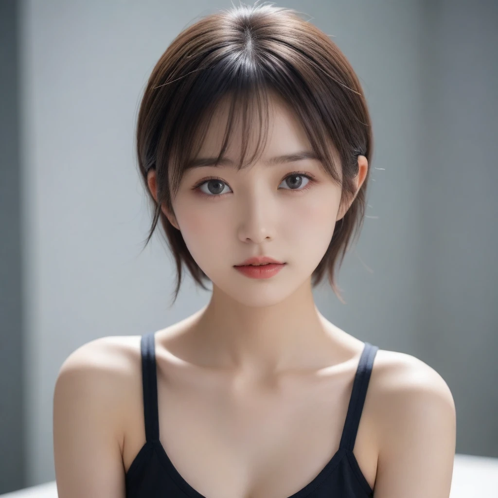 8k, Ultra-high resolution, Highest quality, masterpiece, 三分割法によるphotograph,Surreal, photograph, 1 Girl, (:1.3), pretty girl, Cute Face, Beautiful eyes in every detail, 細かくdetailedに,masterpiece,One Girl:1.2,Japan Female Teachers,extream close up,sad,streaming tears,Black short hair,Messy bun hair,(black suit:1.3),Nun's clothing,(印象派の美しい少女のPortraiture), (Gray background:1.3),(Impressionist light and colour),Dedication to God,Realistic Skin, Perfect and beautiful face ,完璧でCute Face, Skin with attention to detail, Perfect limbs、Narrow waist,Looking at the audience、beauty,Long neck,clavicle,(((Ideal body type))),A cup small breasts :2,Portraiture:2,Perfect Anatomy,鮮明なdetailed,detailed,Surreal,Light and shadow,spotlight