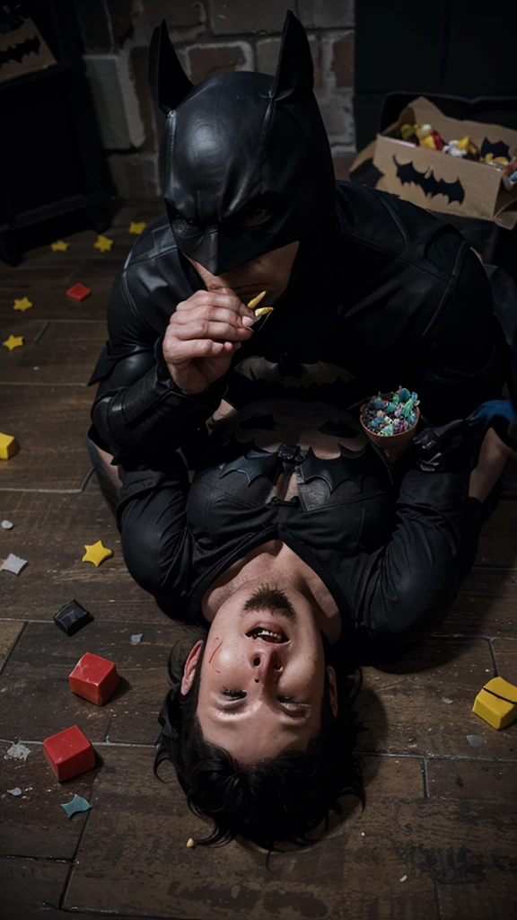 crie Wayne/Batman (Christian Bale) The Dark Knight, passed out on the floor with sweets scattered around him and his mouth was covered in sweets