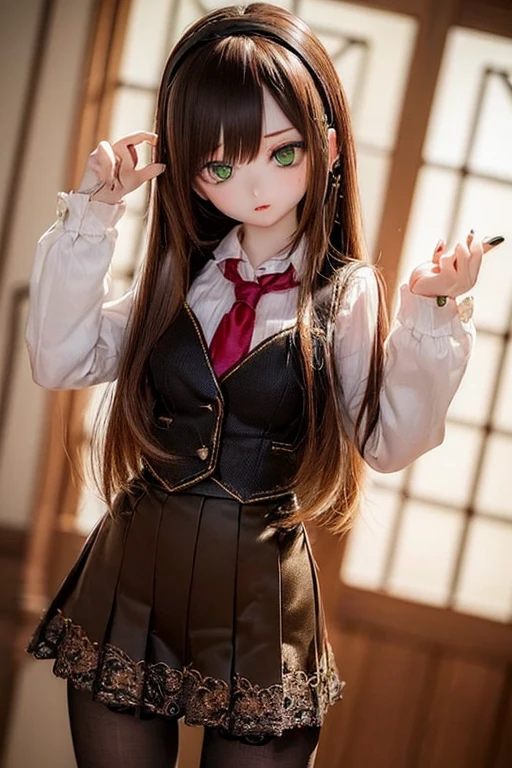 (SFW:2), photorealistic, realistic photo, 8k, ((highest quality)), ((masterpiece)), (extremely detailed), kukolnydom, doll, (mature woman, 21yo, 21 years old, solo:1.6), ((cowboy shot, dynamic pose, slim, slender, skinny, medium breasts, hairband, ascot, vest, blouse, long puff sleeves, pleated skirt, black pantyhose)), (green eyes, brown hair, long hair, plastic skin, looking at another, glass eyes, gradient eyes, shining eyes, detailed eyes:1.3)