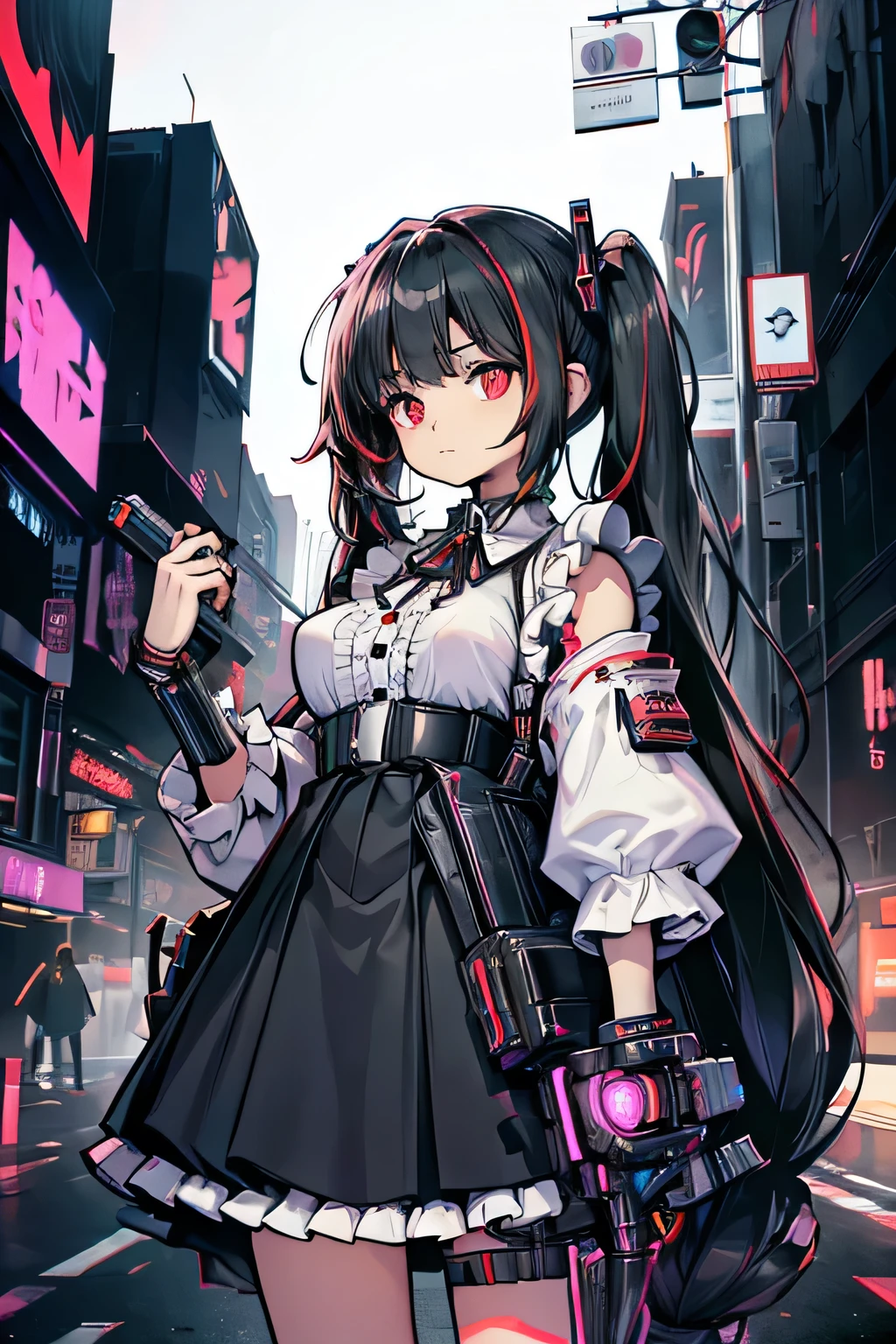 A young girl, 10-year-old, giant breasts, cute, messy black hair, long hair, red eyes, anxious expression, white frilled blouse, black frilled skirt, looking at the viewer, cyborg, cyberpunk, prosthetic arm, hacker, gun holster