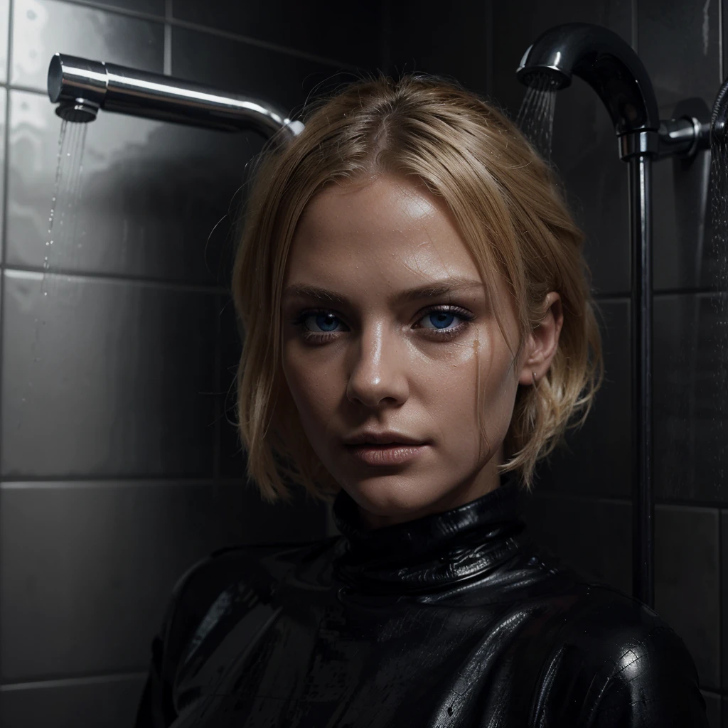 a beautiful blond woman with blue eyes in a shower, wearing sexy black leather clothes, highly detailed, photorealistic, 8k, best quality, masterpiece, extremely detailed face and eyes, detailed skin texture, perfect body, dramatic lighting, cinematic composition, mystical atmosphere, dark and moody colors