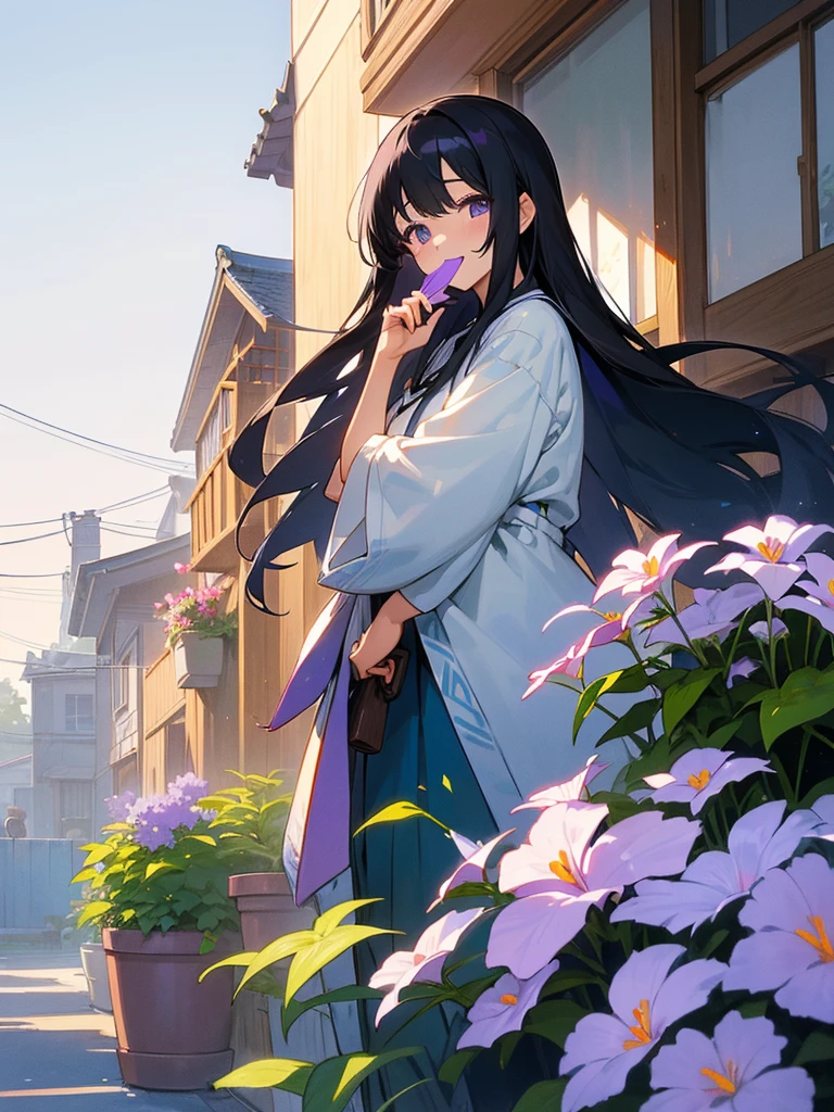 Anime illustration、masterpiece、high quality、girl１people、Long hair / black hair、Yukata with floral pattern on white background、Enjoying the cool evening air with a fan、Morning glory flower pot in front of the house、Itazuki、flower pot、Scenery of Kanda downtown lined up、Summer Dusk、Eyes are violet、arm