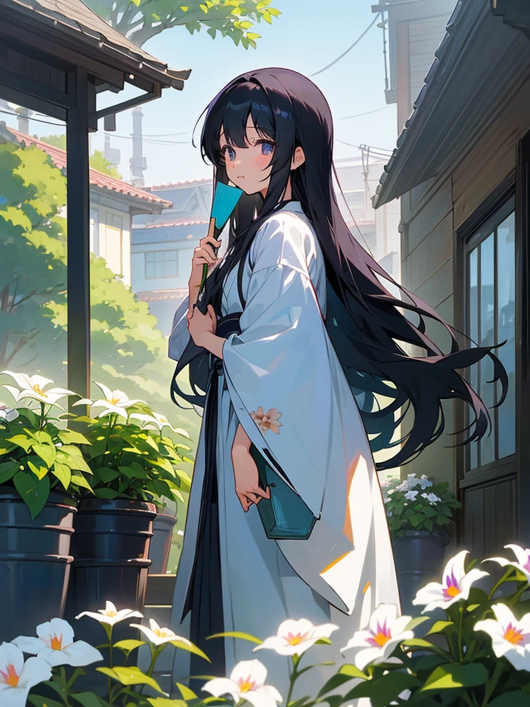 Anime illustration、masterpiece、high quality、girl1people、Long hair / black hair、Yukata with floral pattern on white background、Enjoying the cool evening air with a fan、Morning glory flower pot in front of the house、Itazuki、flower pot、Scenery of Kanda downtown lined up、Summer Dusk、Eyes are violet、arm