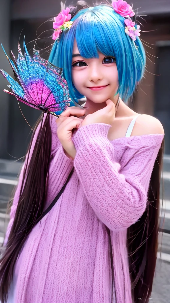 Girl with blue-pink hair and peacock feathers, Inspired by Narihiko-kun, society, 🌺 Anime Style. 8k, Anime Style 3D, Popular with CGstation, 8k高画質ディテールアート, Gubes-style artwork, Fantasy art style, Realistic anime 3D style, Anime inspiration, Anime Style mixed with Fujifilm