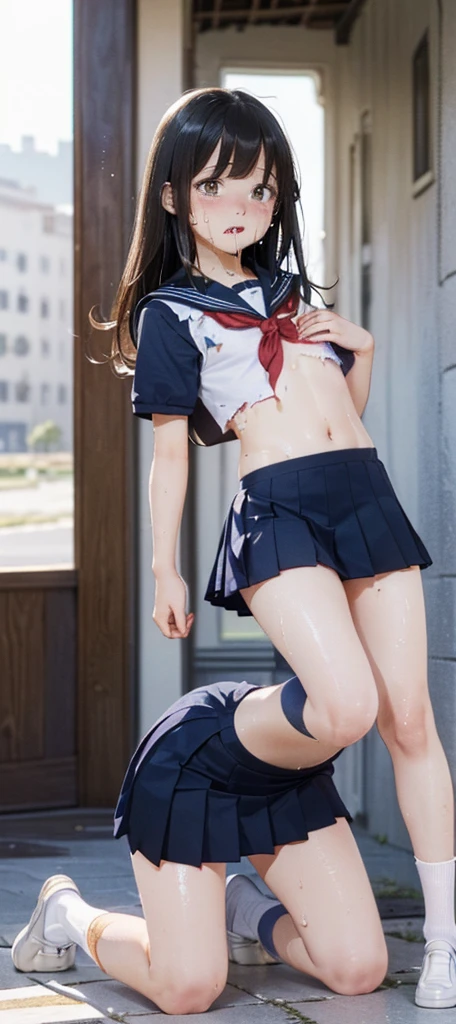 (Realistic:1.5), (masterpiece、Extremely detailed 8K CG、Sharp lines:1.2)、high school girl、Black-haired、Thighs Thighs Thighs Thighs、Beautiful Anime 、Smooth anime CG art、Beautiful Anime 、Beautiful Anime girl, (Beautiful girl at 10 years old:1.4), Detailed skin, (Glowing Skin:1.6)、Beautiful black hair、Brown eyes、(A lot of sweat:1.2), (Flat Chest:1.6), (Emaciated:1.5), (Torn and tattered school uniform:1.7), (Sailor suit:1.6), (Dark blue pleated skirt:1.6), (whole body:2.2), alone, (One Girl:1.4), (Kneel:1.5), (From the side:1.5), (From below:1.3), In the classroom, (blush:1.5), (distress:1.4), (Spread your legs:1.4), (Open your mouth:1.3), (Clear drool overflows from his mouth and drips down his chin.:1.4), (Half closed eyes:1.3), (Tentacles inserted into genitals), (Are crying:1.4), (Many tentacles are wrapped around her:1.4), (Short sleeve:1.2), (White socks:1.4), (Brown Loafers:1.5), (Put your arms behind your back:1.5), (arched back:1.4), (Beautiful feet:1.5), (Clear pee:1.8), (naked)