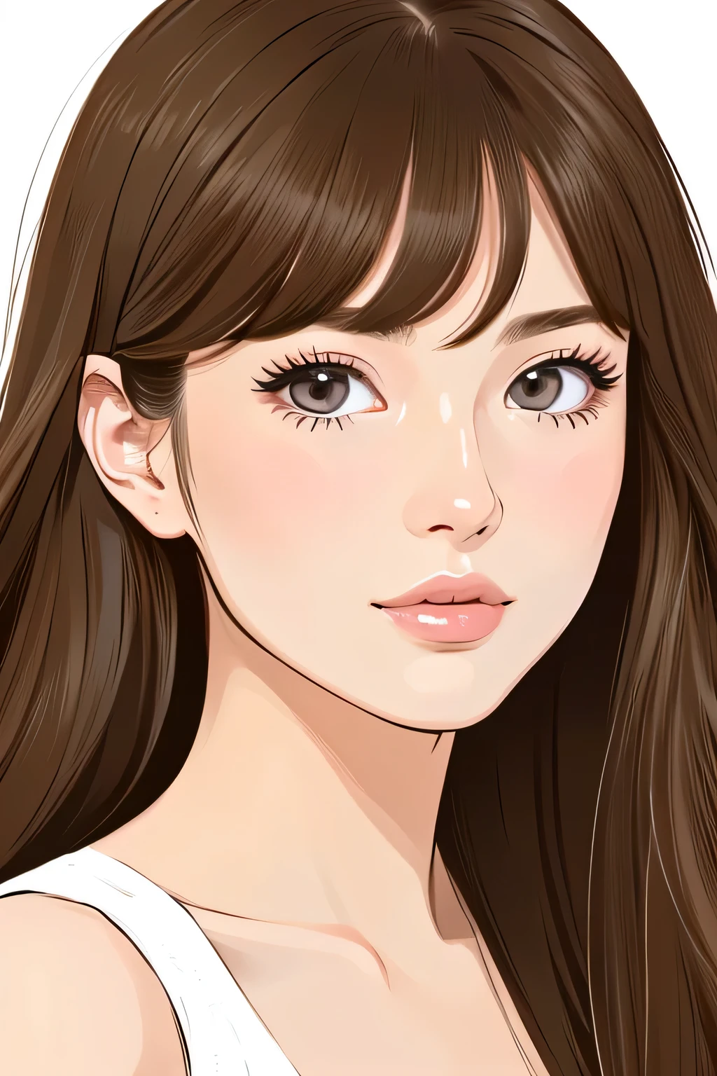 An illustration、29yo, girl, Hair color is brown, big eyey eyes are sharp、cute、beautiful woman、hair is long