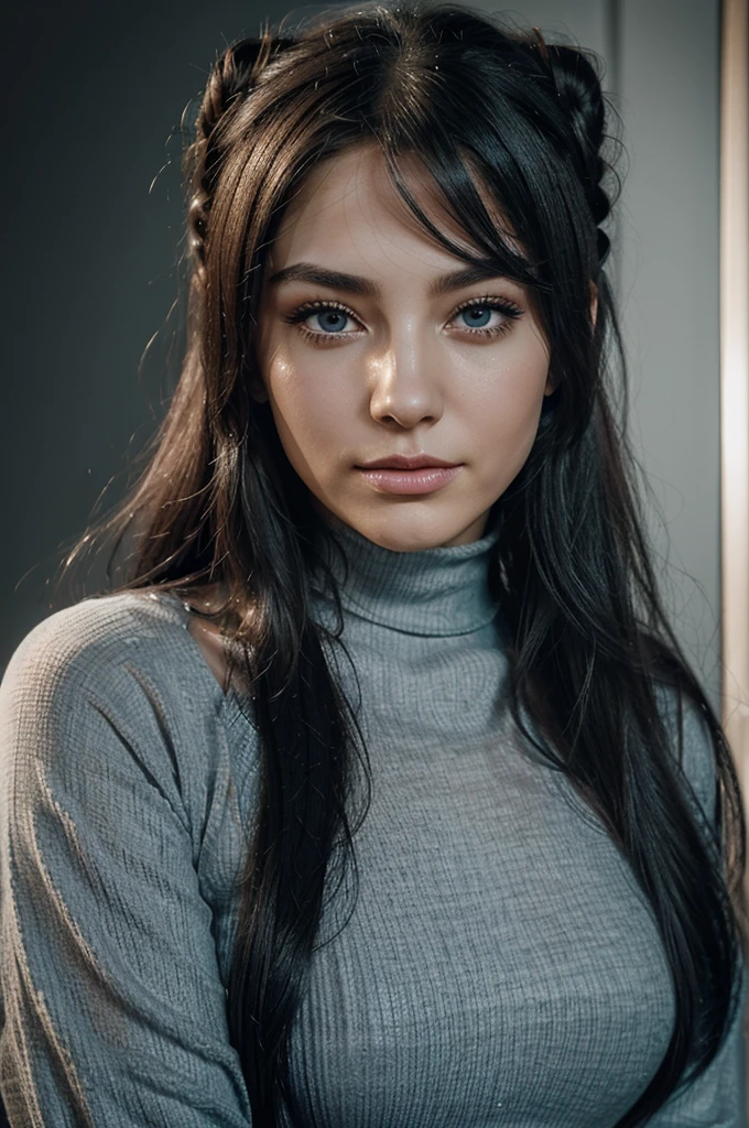 A girl with long blue hair. Her face is exquisite, with high cheekbones and smooth fair skin. Her large black eyes, framed by long thick eyelashes, are impressive and expressive, radiating calmness and confidence. Well-defined eyebrows curve gracefully above her eyes, adding intensity to her gaze. She has a small, straight nose and full, slightly parted lips that curve into a slight smile, revealing hints of mischief and allure. Her sharp, well-defined jawline gives her face a refined and elegant appearance. The image is a monochrome portrait of an individual with a tiki mask for a head, replacing the original description of the woman. The tiki mask introduces a layer of iridescent and translucent colors that shimmer with a spectrum reminiscent of an oil spill or soap bubble, against the grayscale of the photograph. The opalescent digital glitch effect is placed above the mask, adding a colorful, ethereal quality. Though the mask is the focal point, it is suggested that the individual's hair is styled in a carefree bun atop their head, and they are wearing a high-neck top, suggesting a turtleneck, which adds to the portrait’s elegant simplicity. The expression, though obscured, suggests neutrality. The background is uniformly light, contrasting with the individual’s dark attire and the colorful, ethereal quality of the glitch.