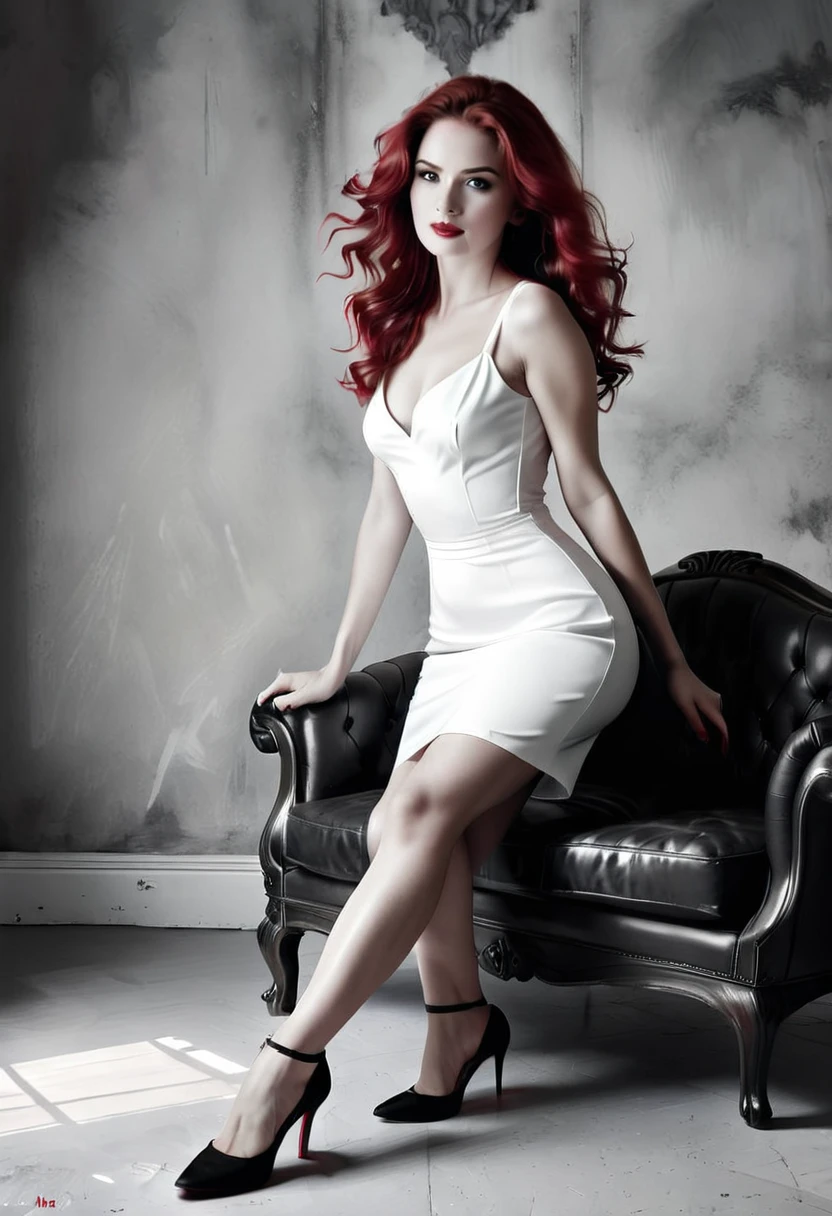 (black and white: 1.5)，photographie monochrome，Beautiful shots, prime, Single woman of exquisitely beautiful beauty, Ultra feminine, tout le corps, The most beautiful face, long hair, wavy red hair, (porter une tenue rouge: 1.5) ，beautiful dress, (Wear red high heels), Sit on the couch, arms outstretched, Modern high society background, (black and white filter: 1.5), (be anatomically correct: 1.5), 1980s photographic style, Image taken from dynamic range, plan ultra large, photorealism, profondeur de champs, hyper realistic, 2.5D rendering，Precise hands：1.5，precise weapons：1.5，Precise legs：1.5，pose parfaite：1.5
