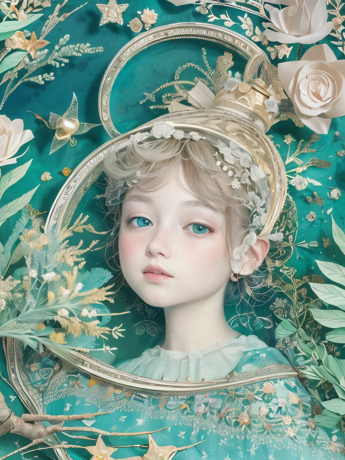 ((((masterpiece))), Highest quality, An illustration, Beautiful details shine,
paper_cut, The details of a fragile girl's face captured on camera, wood, moon, butterfly,Wind,flower、star、Blue haze