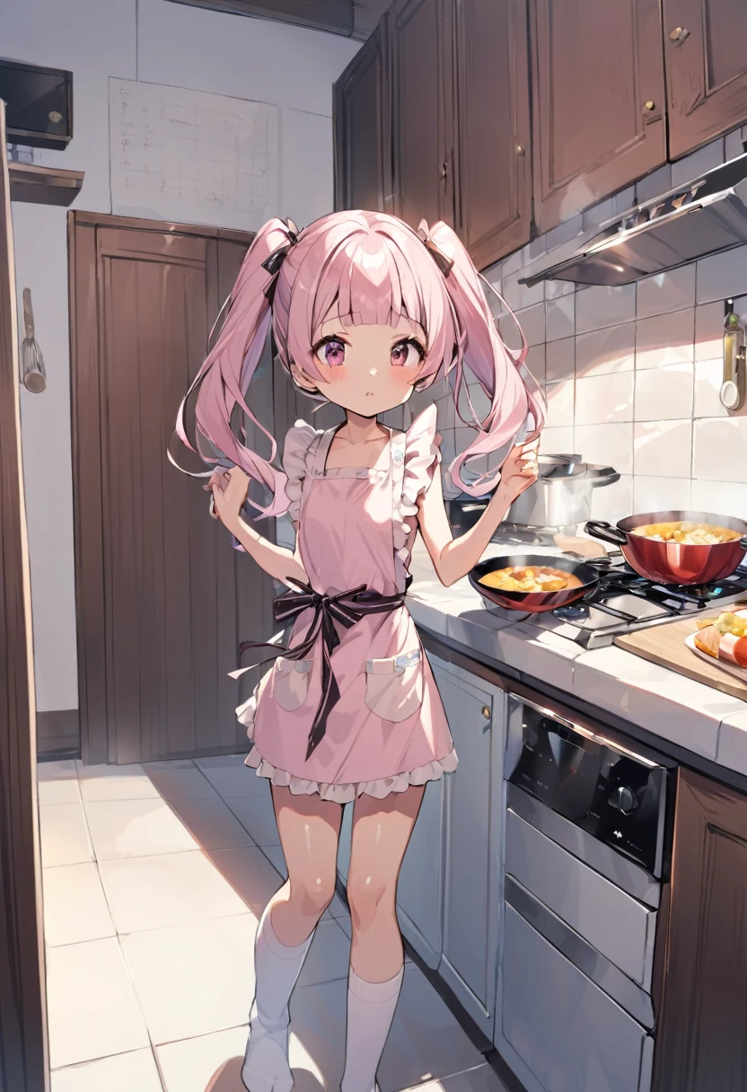 Light pink hair inner color Long twin tails Shiny Hair Looking at the audience Naked Apron chest Knee-high socks sight Small face bangs beauty Show your hand sight Taunt side One person Place your hands behind your back kitchen cooking