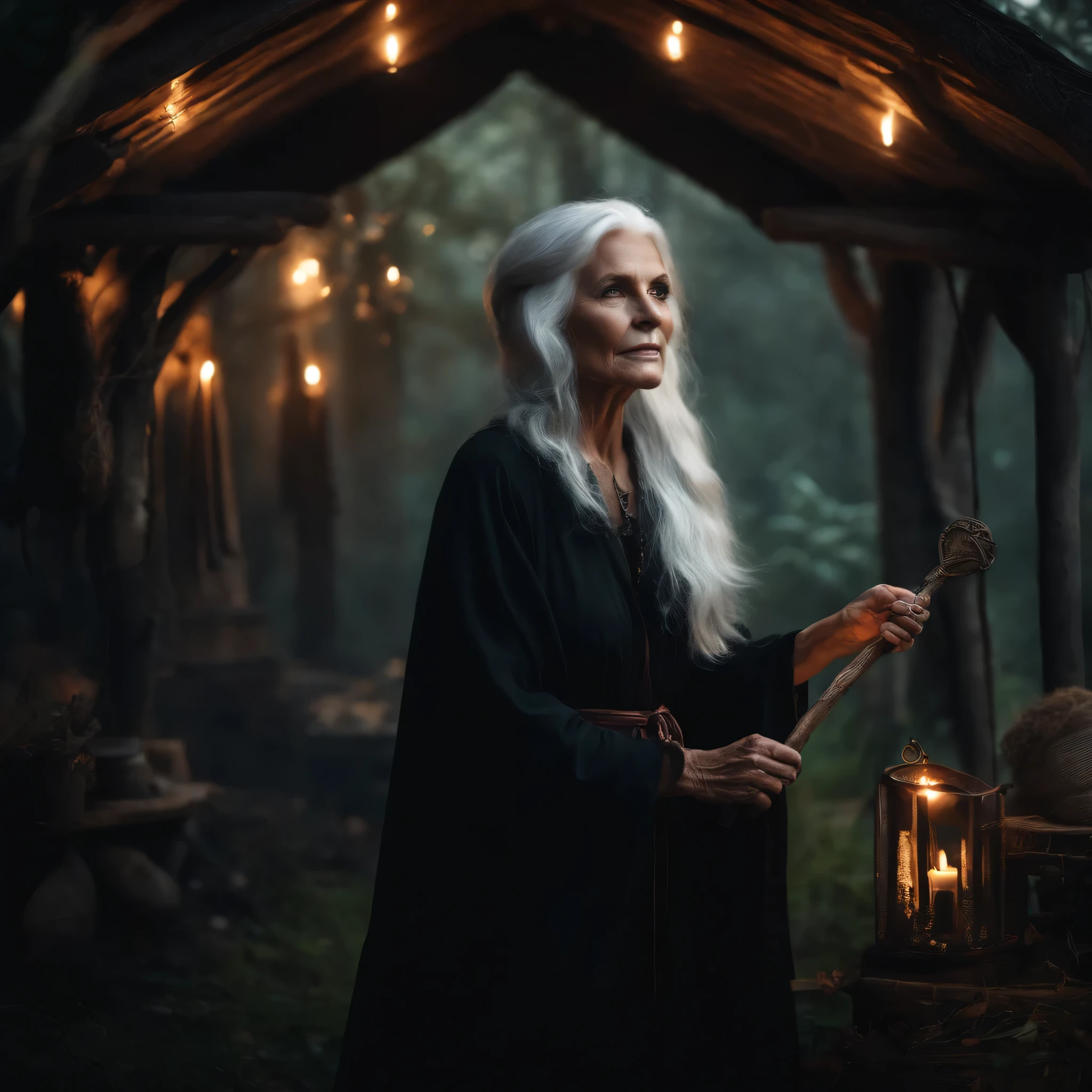 Pictures of a beautiful old witch with white hair, carrying a magic wand inside a small, dark hut, wearing a long black robe