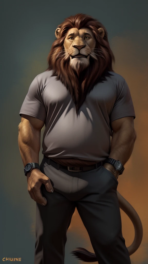 by chunie by catsudon by retros, male,ridiculuous,((middle aged male)),((Bearded)),((Mustache)), felid, solo, ((Lion,tail)),(dark brown hair), facial hair, facing viewer, ((Highly detailed face)), (((Grandpa Figure))), ((smilling)), red and orange abstract background, ((grey shirt)),((short pants)),((watch)), smile, ((((wise)))),((DILF)),
