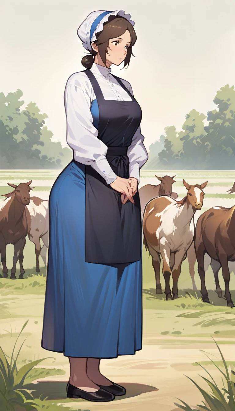 adult amish woman, 40 years old, pale skin, long sleeved blue dress, small black apron over her blue dress, full body shown, very short brown hair in a conservative sleek bun, white bonnet kapp, wide hips, thick thighs, wearing simple black flats, thick legs, slightly below the knee dress, slight face wrinkles, tight sleeves, standing upright in a farm field, no makeup, round face, hands on lap, side view, aged face, busty