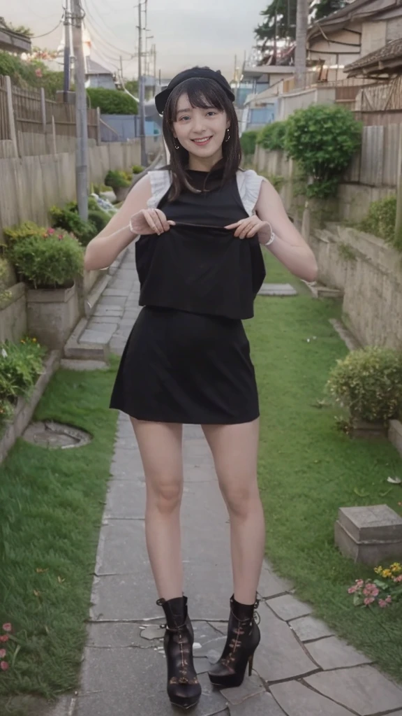 High resolution、high quality、High resolution、masterpiece、detailed、Cute Japanese Girl、Young people, Looking into the camera、Embarrassed smile、、Plump body、(Very large breasts:1.2)、(Roll up your knitted sleeveless top:1.3)、(tits:1.3)(Wear a tight black skirt:1.3)、Wearing flashy bra and panties、(She strikes her favorite pose:1.3)、、(Wearing high heels:1.3)、(Late Night、dark、very old, narrow, Dirty and rundown alley:1.3)、(Beautiful flowers and grass grow:1.3)