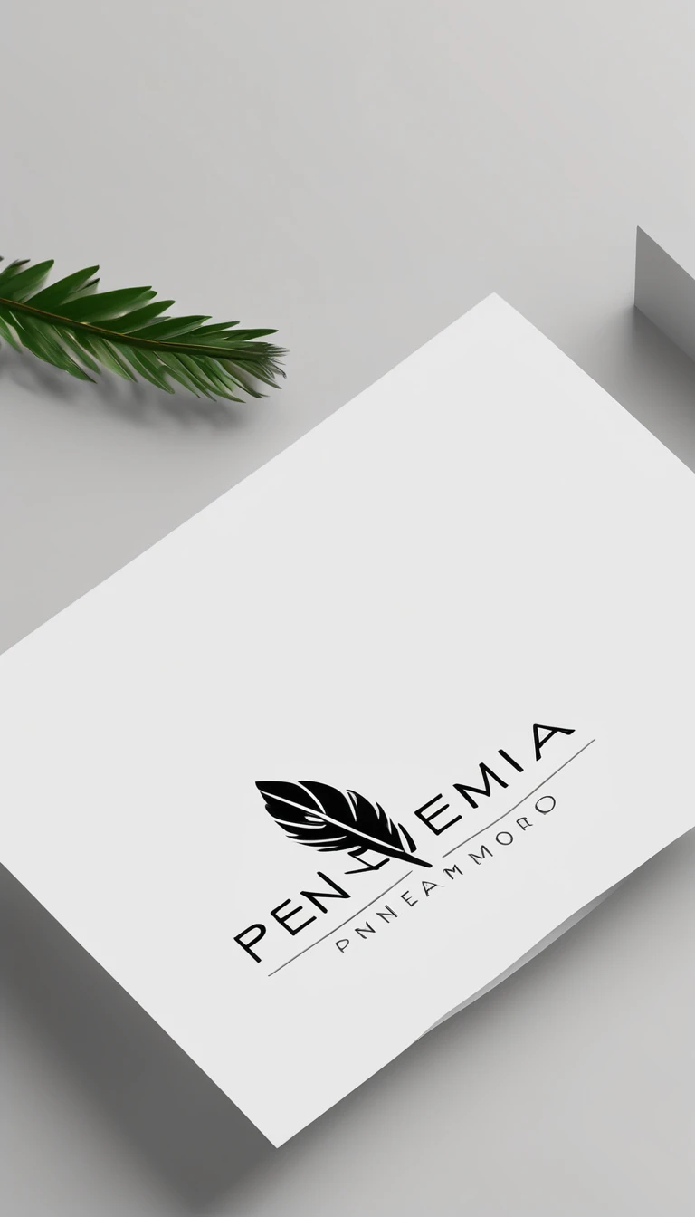 A minimal, modern, simple, cinematic logo design for the brand “Penamemoria". Create a modern, minimalistic, high-quality, logo of a feather-child