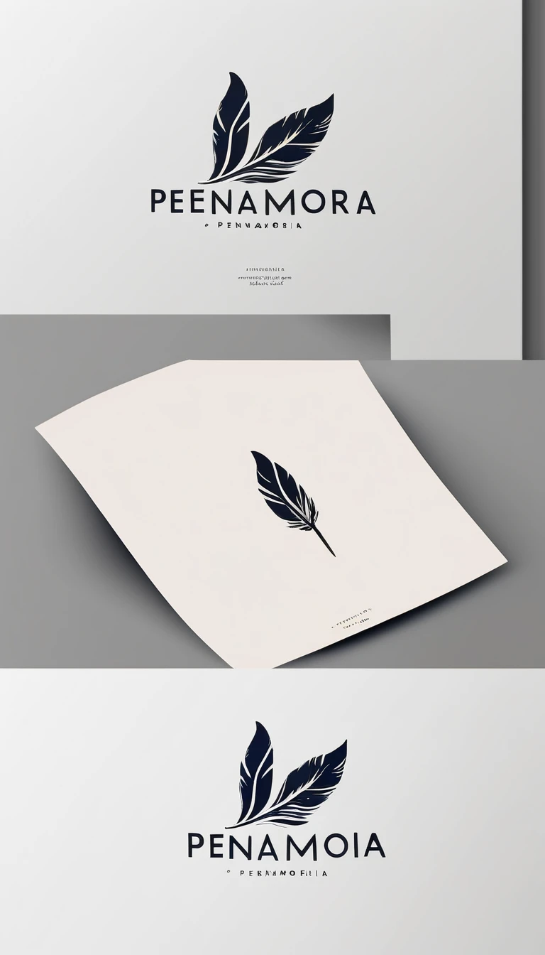 A minimal, modern, simple, cinematic logo design for the brand “Penamemoria". Create a modern, minimalistic, high-quality, logo of a feather-child