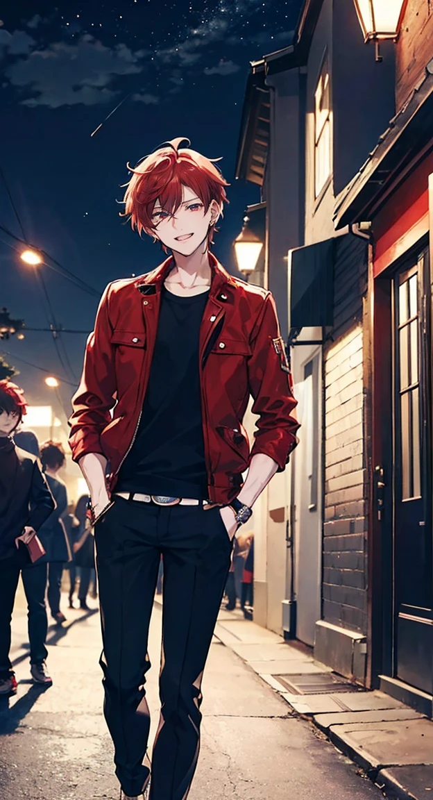 High resolution, High resolution,2D Anime Style,,Cool guy,Mature,,30th Generation,short hair,Silver-red hair,Red eyes,Beautiful Watches,Beautiful earrings,,Cool Fashion,He is laughing a little,night,walk,Put your hands in your pockets,Dandy、Uncle Ike