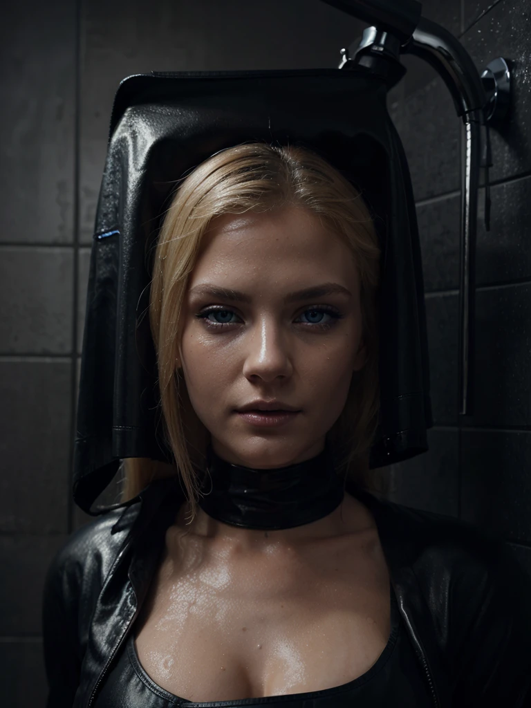 a beautiful blond woman with blue eyes in a shower, wearing sexy black leather clothes, highly detailed, photorealistic, 8k, best quality, masterpiece, extremely detailed face and eyes, detailed skin texture, perfect body, dramatic lighting, cinematic composition, mystical atmosphere, dark and moody colors