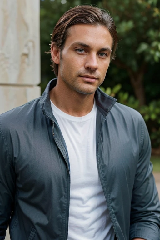 40 year old olive skin man... Pale blue eyes... Fair-skin, tanned... Tousled Short dark blonde hair... Slight stubble, not fully clean-shaven but also not completely unshaved... 1.88m tall... Athletic, slightly muscular, with a lean and fit build... He is wearing a black jacket and white shirt.. Elegant... Classy