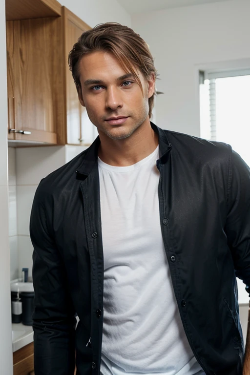 40 year old olive skin man... Pale blue eyes... Fair-skin, tanned... Tousled Short dark blonde hair... Slight stubble, not fully clean-shaven but also not completely unshaved... 1.88m tall... Athletic, slightly muscular, with a lean and fit build... He is wearing a black jacket and white shirt.. Elegant... Classy