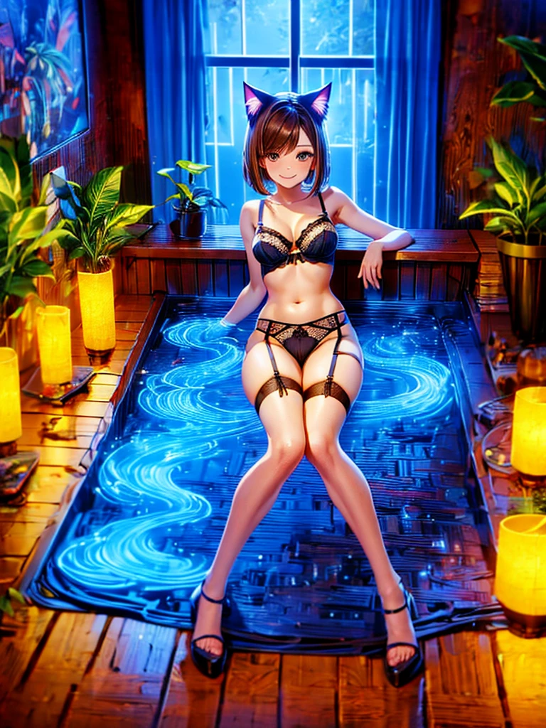 Highest quality,Highest Resolution,Smiling beautiful girl in underwear,bath,Get in the big bathtub,Sexy Lingerie,High leg,garter belt,Brown hair short bob,Cat ear,Drink,whole body,up,front,
