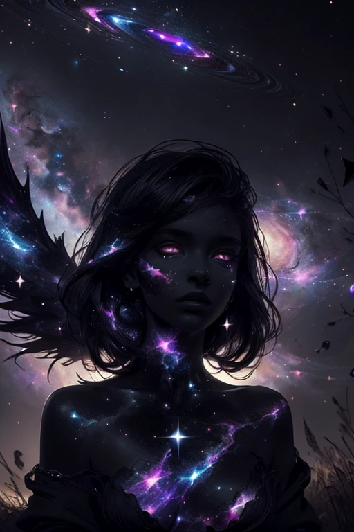 (((this is dark image))). Creates a dark angel ((Very perfect)) Eyes and (((Pure Black Galaxy Skin))). she ((Onyx Black)) but (soft) The face is detailed、Lips should be full and realistically shaded。. she wings are delicate but stunning, Lots of little fantasy details. this is (((masterpiece))). Create a cinematic experience using dynamic composition and expression. Incorporate glittering yet delicate jewelry. The image background must be a pure background, Keep the woman as the focus of the image. ((Dark Celestial Skin Body, Void Space Body)), Brilliant, (((Dark Background))), (((Lights out))), (((Hollywood Dark)))