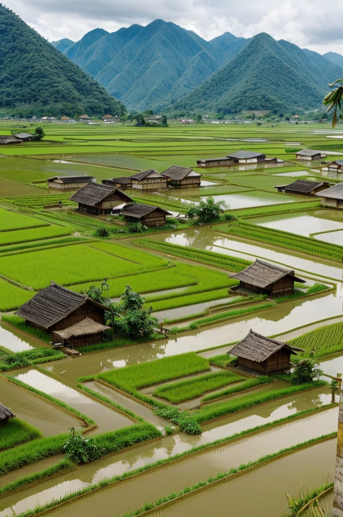 The village is in the middle of rice fields.