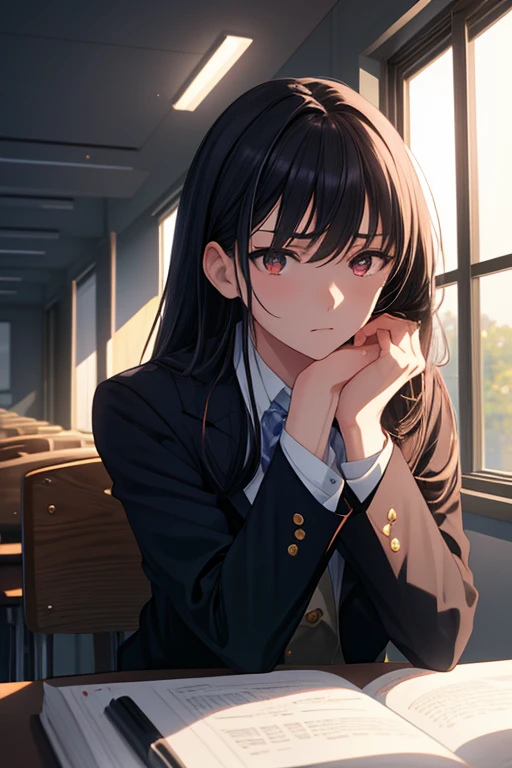 ((masterpiece)), (best quality), (ultra-detailed), a girl wearing blazer, serious discussion, student council meeting, leaning forward, hands on table, furrowed brow, intense concentration, Japanese high school girl, 17 years old, slender build, 160cm tall, long straight black hair to waist, black almond-shaped eyes with slight upward tilt, serious expression, sunlight streaming through windows, confident posture, determined gaze, hint of vulnerability in eyes, meticulous appearance, neatly styled hair, crisp and clean uniform intricate details on uniform, realistic fabric textures, soft lighting, depth of field, high contrast, cinematic composition, official art, Splash anime art, Smooth anime CG art, pixiv, Sequential art