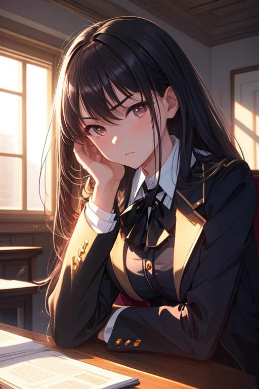 ((masterpiece)), (best quality), (ultra-detailed), a girl wearing blazer, serious discussion, student council meeting, leaning forward, hands on table, furrowed brow, intense concentration, Japanese high school girl, 17 years old, slender build, 160cm tall, long straight black hair to waist, black almond-shaped eyes with slight upward tilt, serious expression, sunlight streaming through windows, confident posture, determined gaze, hint of vulnerability in eyes, meticulous appearance, neatly styled hair, crisp and clean uniform intricate details on uniform, realistic fabric textures, soft lighting, depth of field, high contrast, cinematic composition, official art, Splash anime art, Smooth anime CG art, pixiv, Sequential art