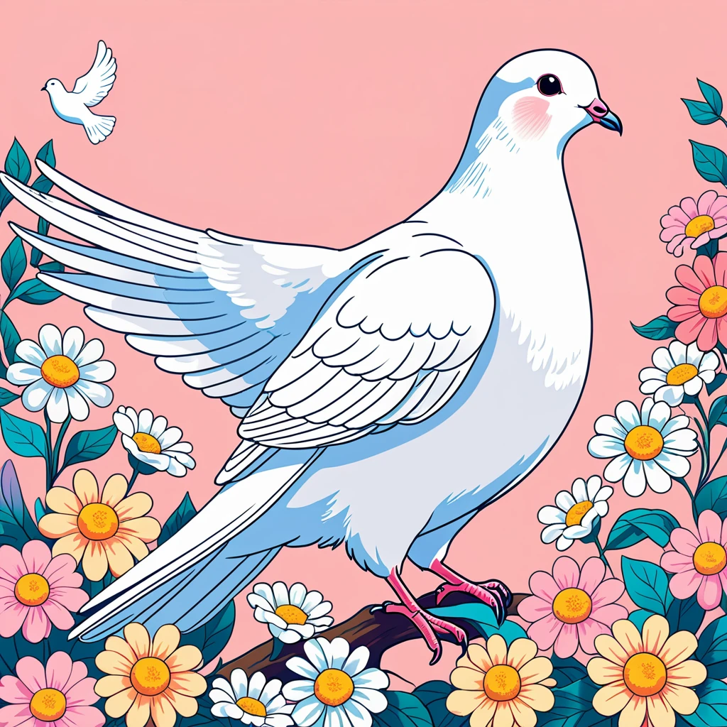 Cute dove, beautiful,An illustration, anime,Strong Contours,pastel colour,Background is colorful flowers々,full bloom