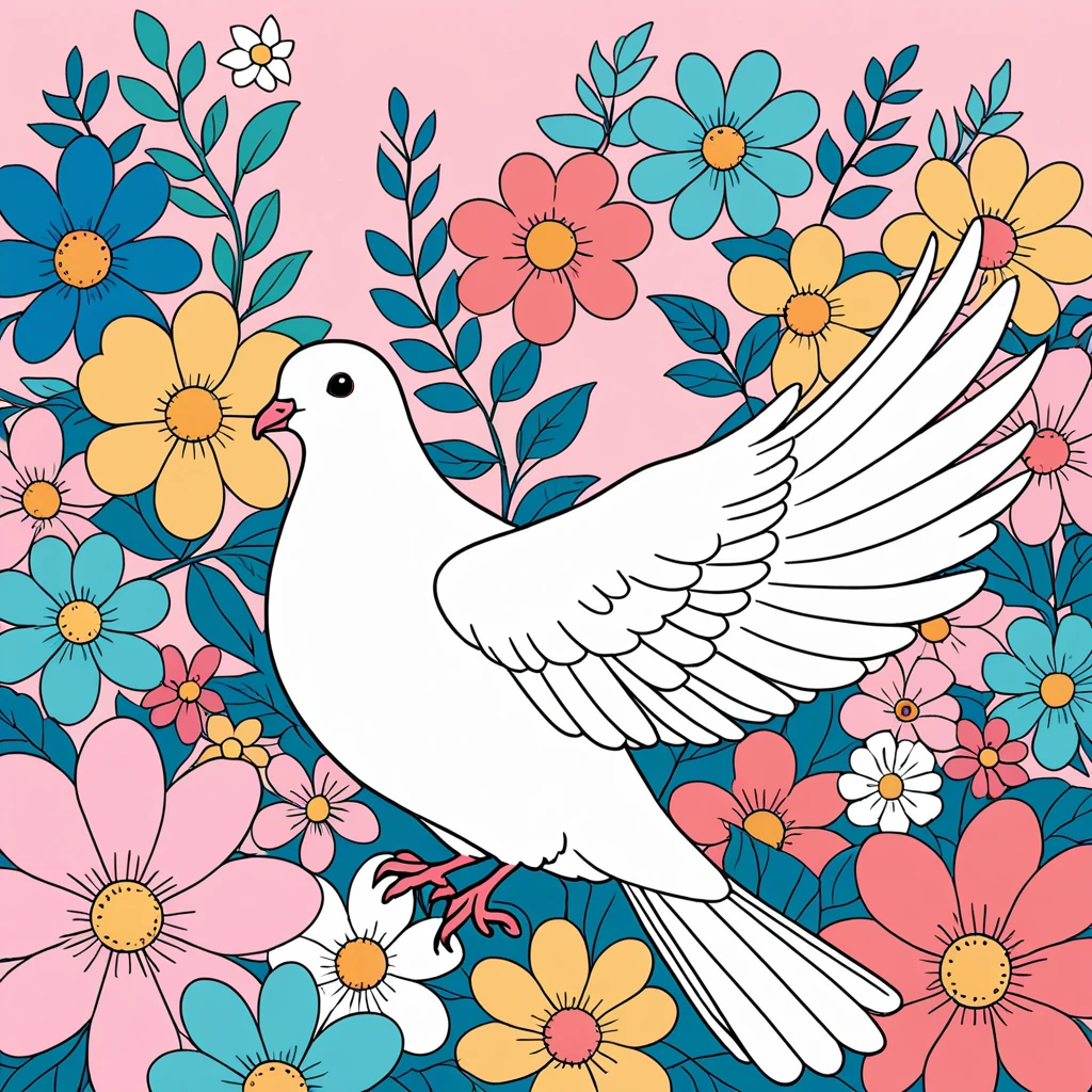 Cute dove, beautiful,An illustration, anime,Strong Contours,pastel colour,Background is colorful flowers々,full bloom