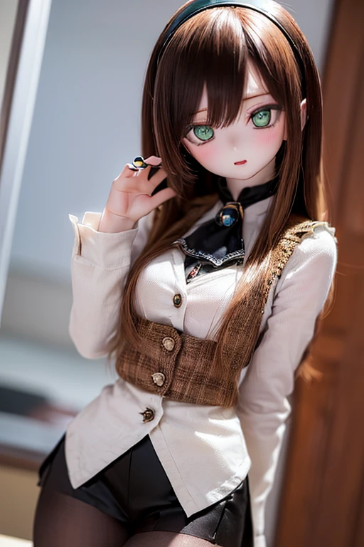 (SFW:2), photorealistic, realistic photo, 8k, ((highest quality)), ((masterpiece)), (extremely detailed), kukolnydom, doll, (mature woman, 22yo, 22 years old, solo:1.6), ((cowboy shot, dynamic pose, slim, slender, skinny, medium breasts, hairband, ascot, vest, blouse, long puff sleeves, pleated skirt, black pantyhose)), (green eyes, brown hair, long hair, plastic skin, looking at another, glass eyes, gradient eyes, shining eyes, detailed eyes:1.3)
