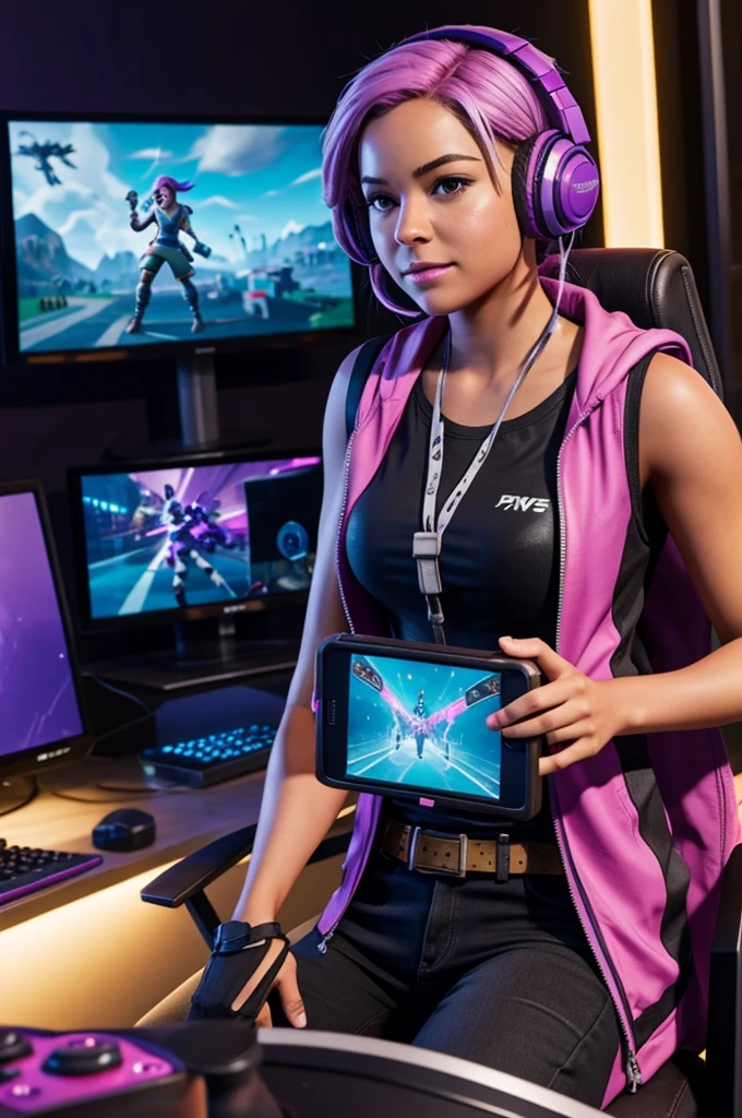 Skye from fortnite playing video games 
