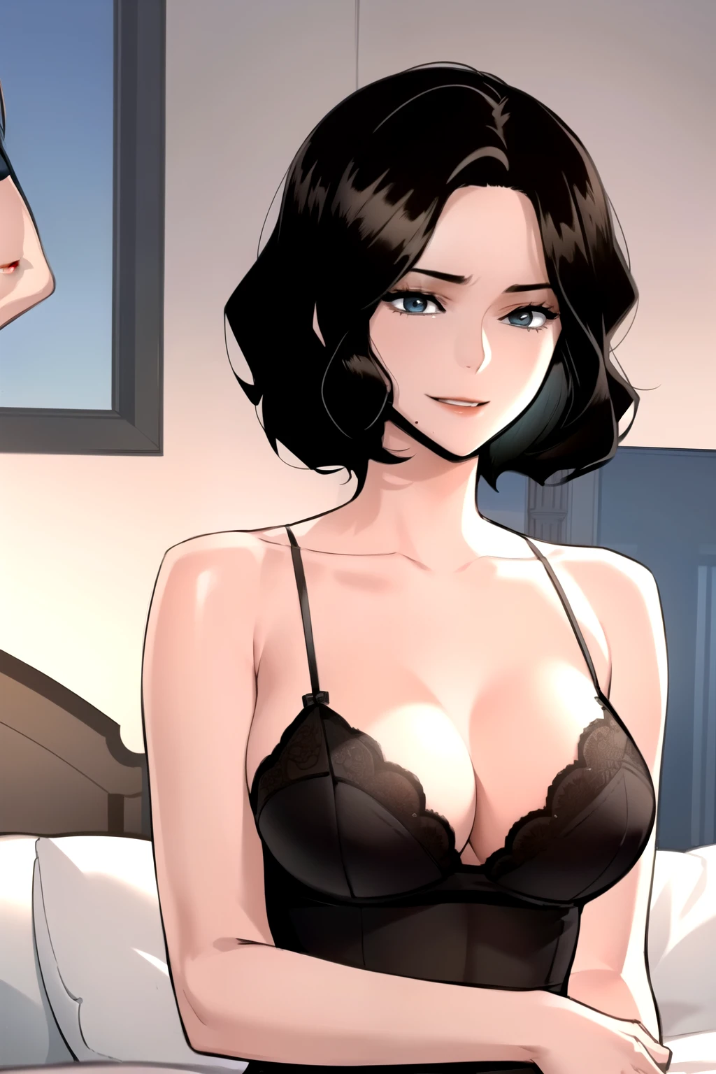 masterpiece, best quality, perfect anatomy, beautiful background, beautiful face, beautiful eyes, full body, shin jiye, 1girl, solo, smiling, sexy, short hair, large breasts, black hair, lying down on bed,wide hip, collarbone, mole, lips, bra, mole under mouth, deep neckline, close up breasts, looking at the viewer, panties, hentai