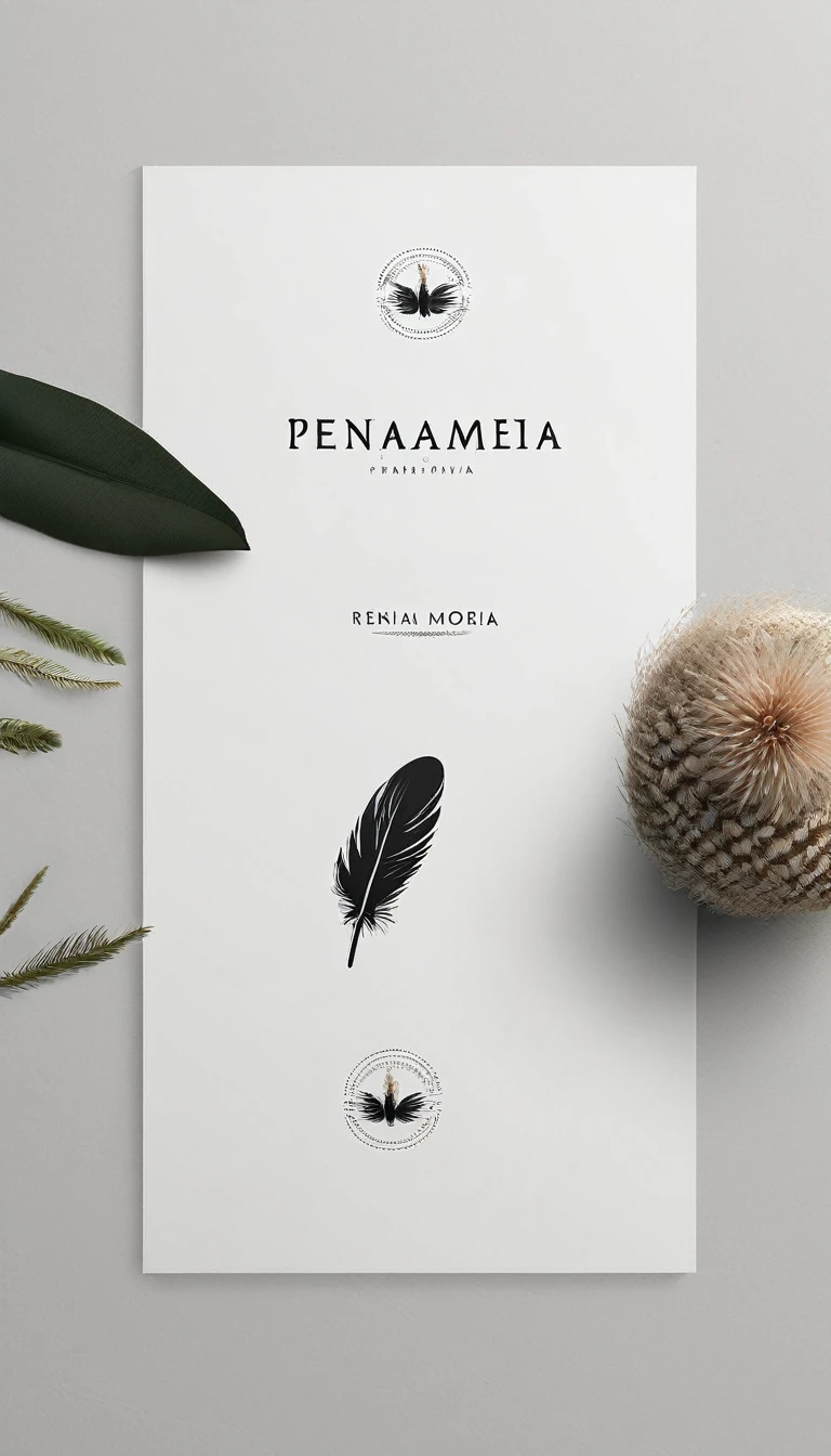A minimal, modern, simple, cinematic logo design for the brand “Penamemoria". Create a modern, minimalistic, high-quality, logo of a boy-feather