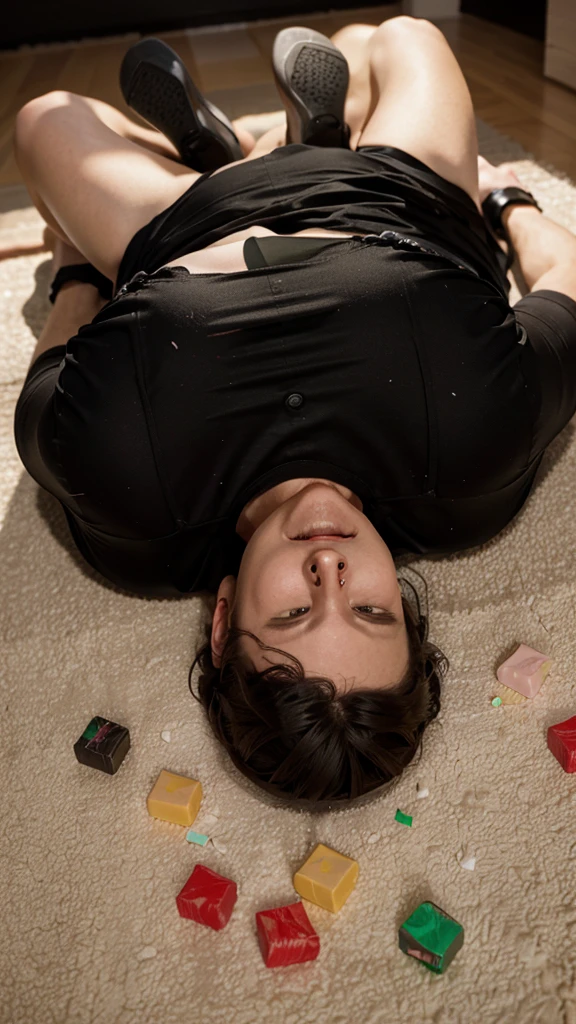 Christian Bale passed out on the floor with candy scattered around him and his mouth covered in candy