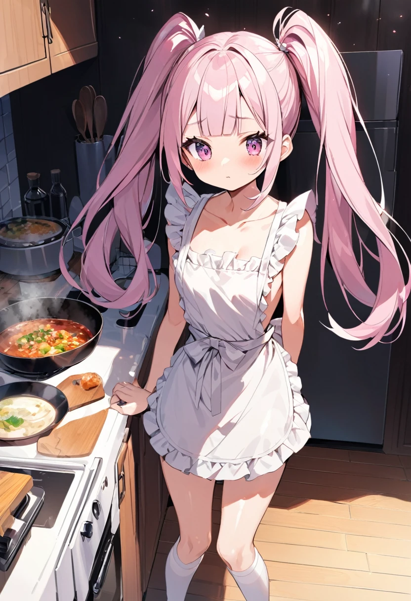Light pink hair inner color Long twin tails Shiny Hair Looking at the audience Naked Apron chest 18-year-old Knee-high socks sight Small face bangs beauty Show your hand sight Taunt side One person Place your hands behind your back kitchen cooking