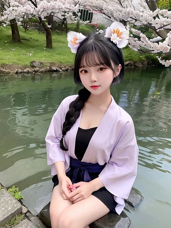 Young asian girl, short black hair, straight, with a blue kimono, pink and lilac, sitting in the river, with white fox ears and tail, with a sakura flower on his head, happy, with water in his hands