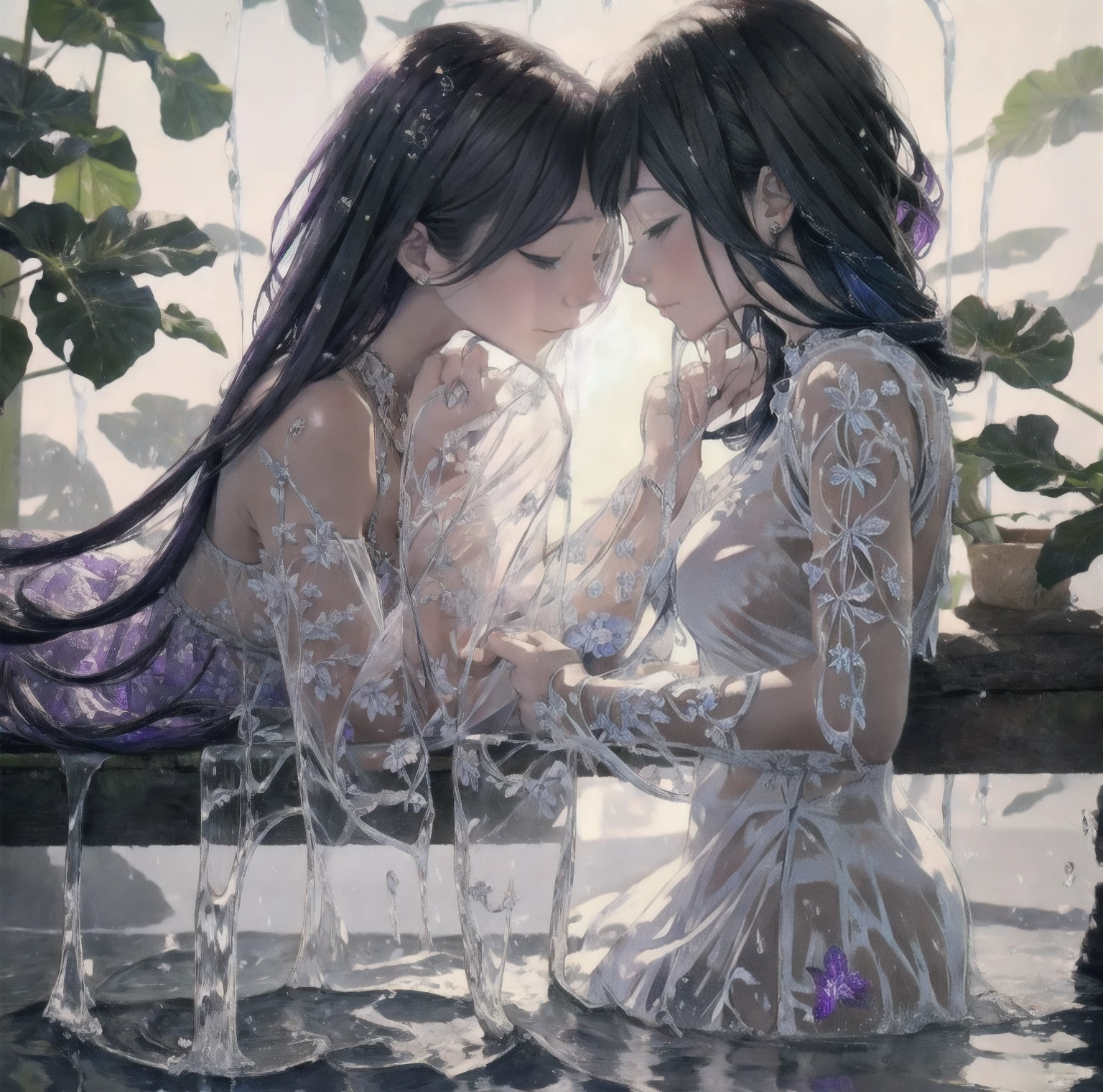 Light ink drawing，Two girls touching lips，A girl with purple hair：3.3，Transparent purple eyes：1.4，Another girl with yellow hair：3.3，Clear blue eyes：1.2，Medieval Lolita Style Clothing，Trench coat：2.1，Black and white grid，novel，Sit and hug，Look at each other affectionately，Cool，Clear：5.2，Violet，iris，Sunshine，Surrounded by greenery，Transparent stream flowing，Tyndall effect，Light up the fire，starlight：1.8，Clear shape，Detailed description of appearance：Perfect beautiful clear appearance，Normal human body，Transparent colors，Transparent green，Light color strokes，{{{Transparent color：3.3}}}softbrush：1.8，Transparent character details，Perfect light color，pure，Transparent colors：1.7，greenish blue：0.8，suspended congress, face focus, hug, straddling,arms around neck, {{Masterpiece:1.2}},lens flare,{{extremely detailed CG}},extremely detailed character,{an extremely delicate and beautiful},focus on beautiful moving,dynamic angle,extreme detailed illustration,extremely detailed eyes and face,cinematic lighting,beautiful detailed sky,highly detailed,ultra detailed,acrylic painting,original,intricate detail