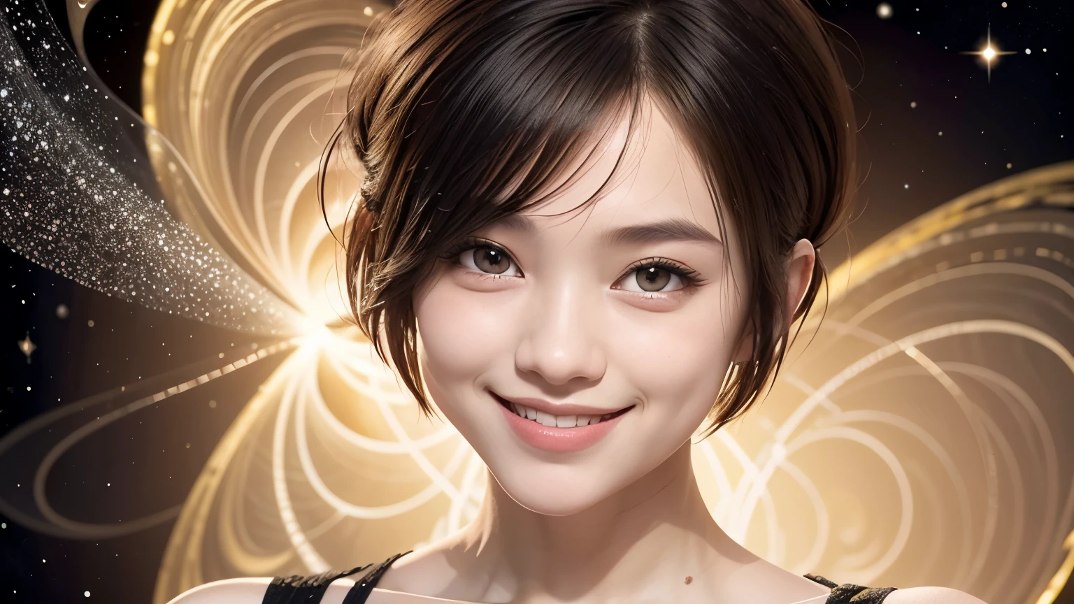 258 19-year-old female, (short hair),(Abstract background,universe), smile, flower