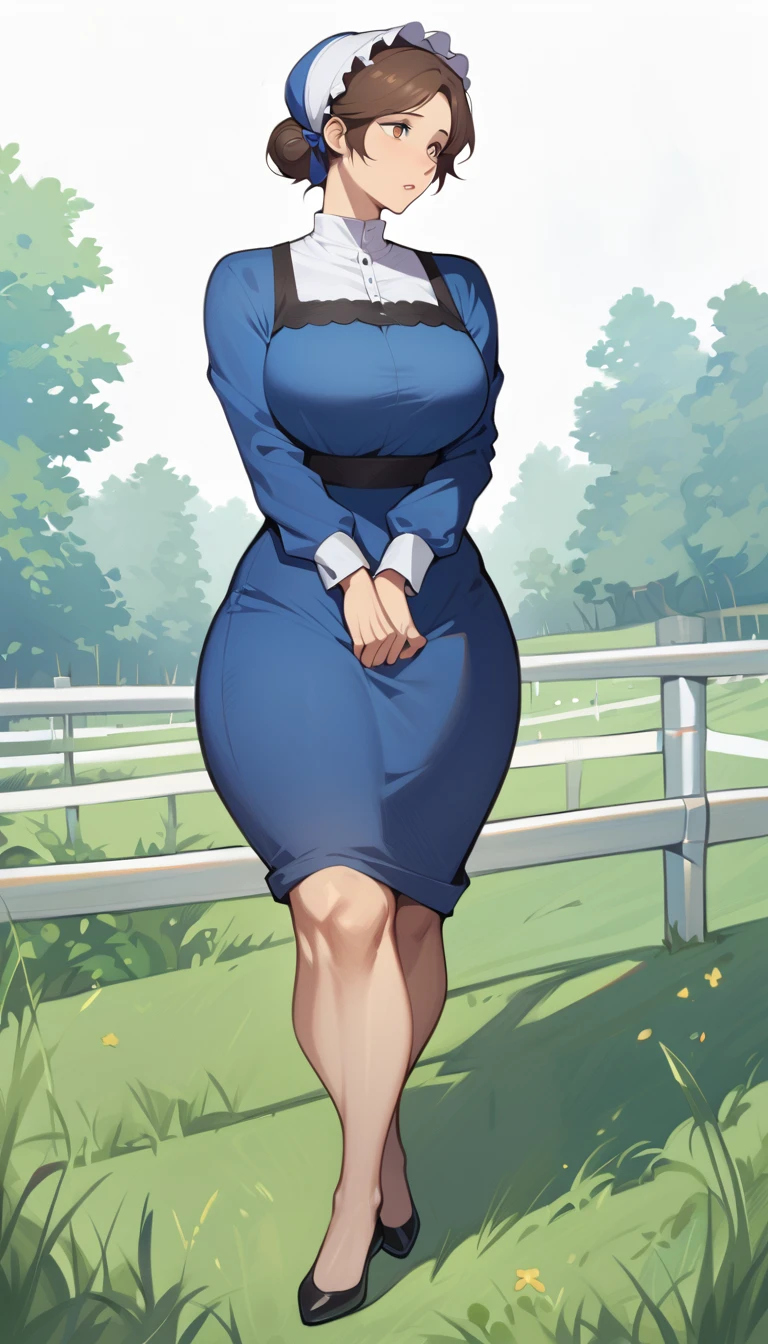 adult amish woman, 40 years old, pale skin, long sleeved blue dress, small black apron over her  blue dress, full body shown, very short brown hair in a conservative sleek bun, white bonnet kapp, wide hips, thick thighs, wearing simple black flats, thick legs, slightly below the knee dress, slight face wrinkles, tight sleeves, standing upright in a farm field, no makeup, round face, hands on lap, side view, aged face, busty, full and around butt